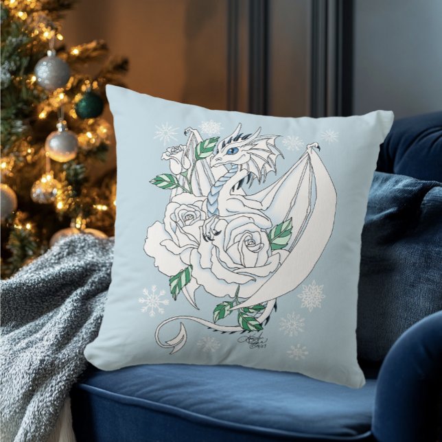 White Elegant Ice Dragon Blue Roses Fantasy Cushion (Creator Uploaded)