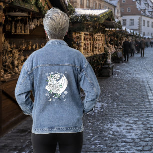 White Elegant Ice Dragon Blue Roses Fantasy Denim Jacket