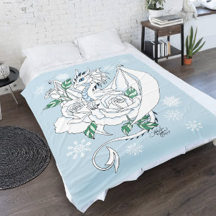 White Elegant Ice Dragon Blue Roses Fantasy Fleece Blanket