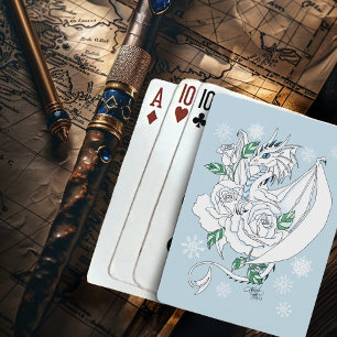 White Elegant Ice Dragon Blue Roses Fantasy Playing Cards