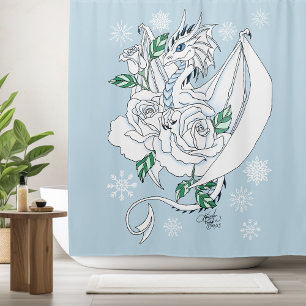 White Elegant Ice Dragon Blue Roses Fantasy Shower Curtain
