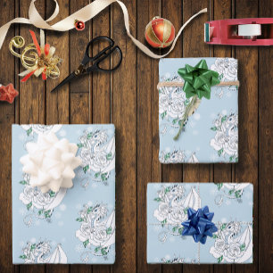White Elegant Ice Dragon Blue Roses Fantasy Wrapping Paper Sheet