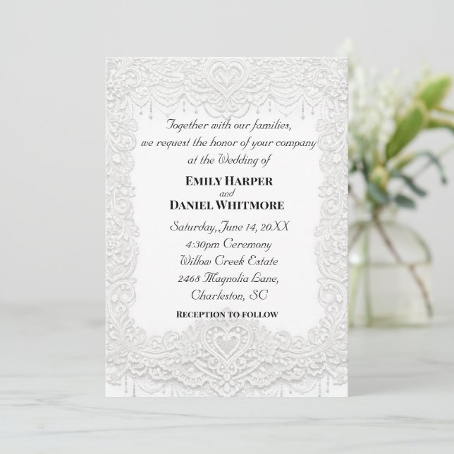 White Elegant Lace Wedding Invitation (Standing Front)