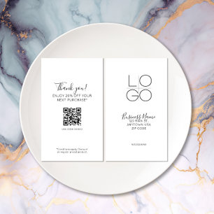 White Elegant Minimal Script QR Promo Discount Business Card