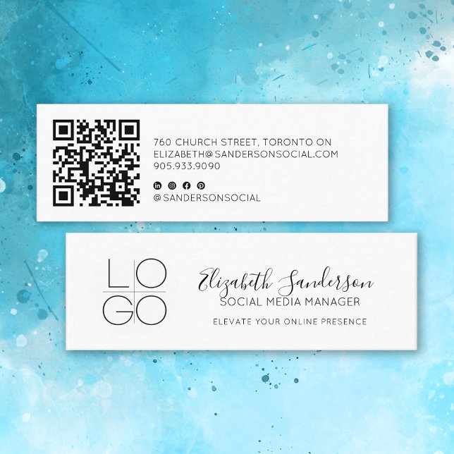 White Elegant Minimal Script Slim with QR CODE Mini Business Card (Elegant Minimal Script Mini Double-Sided Business cards with QR code)
