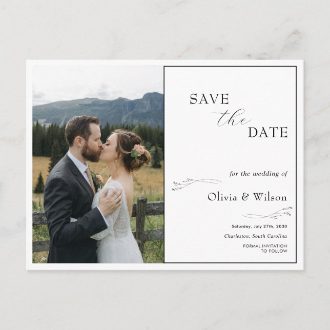 White Elegant Minimalist With Photo Save the Date Postcard (Front)