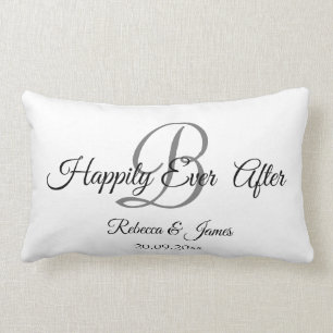 White Elegant Monogrammed Happily Ever After Lumbar Cushion
