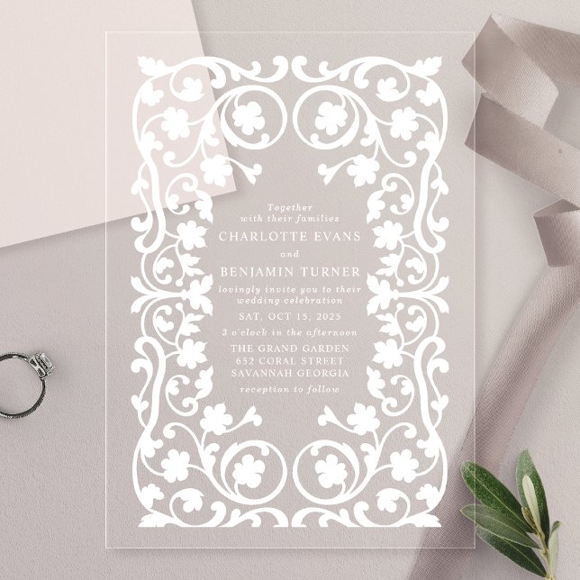 White Elegant Ornate Floral Frame Wedding  Acrylic Invitations (Creator Uploaded)
