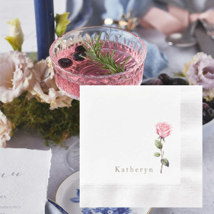 White Elegant Pink Rose Personalised Name Coined Napkin
