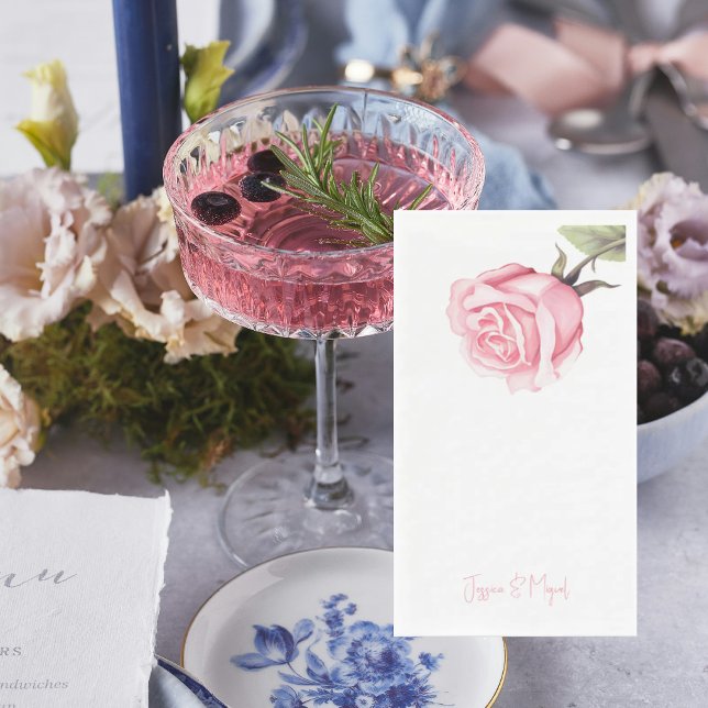 White Elegant Pink Rose Personalised Names Napkin (Creator Uploaded)