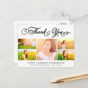White Elegant Script 5 Photo Graduation Thank You Postcard