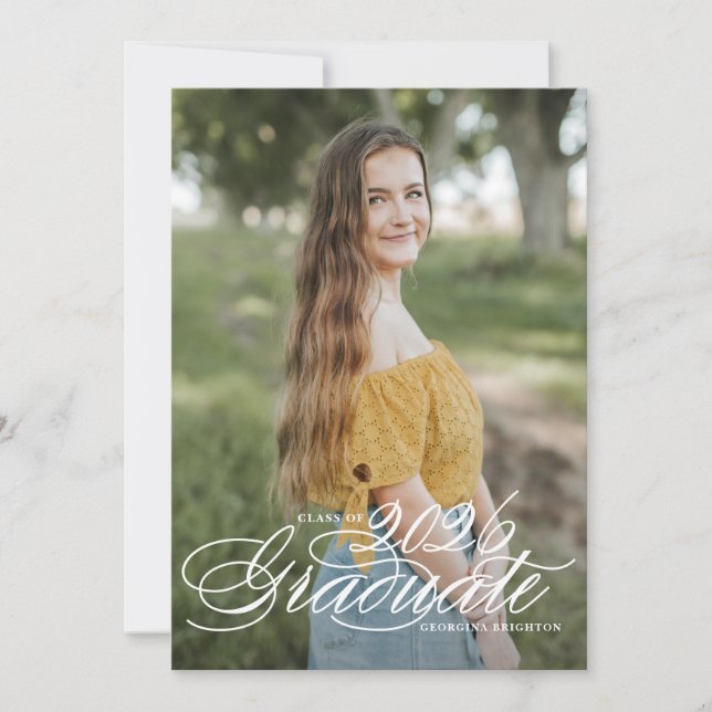 White Elegant Script Class of 2026 Graduation Invitation (Front)
