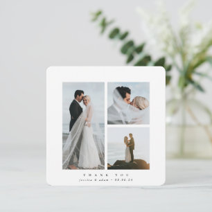 White Elegant Square Three Photo Wedding Thank You Card