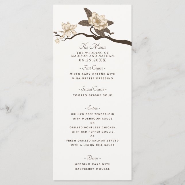 White Elegant Vintage Magnolia Wedding Menu (Front)