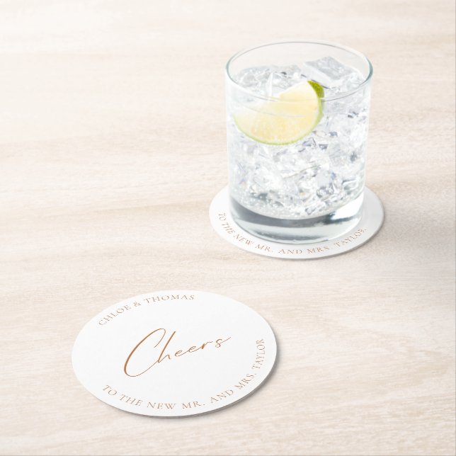 White Elegant Wedding Cheers Round Paper Coaster (Insitu)