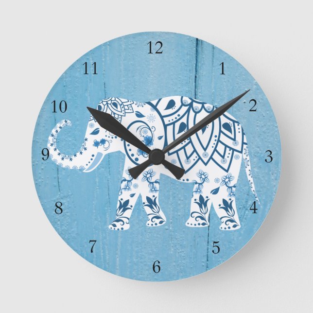 White Elephant Blue Wood Pattern Round Clock (Front)