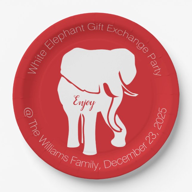 White Elephant Gift Exchange Christmas Party Paper Plate (Front)