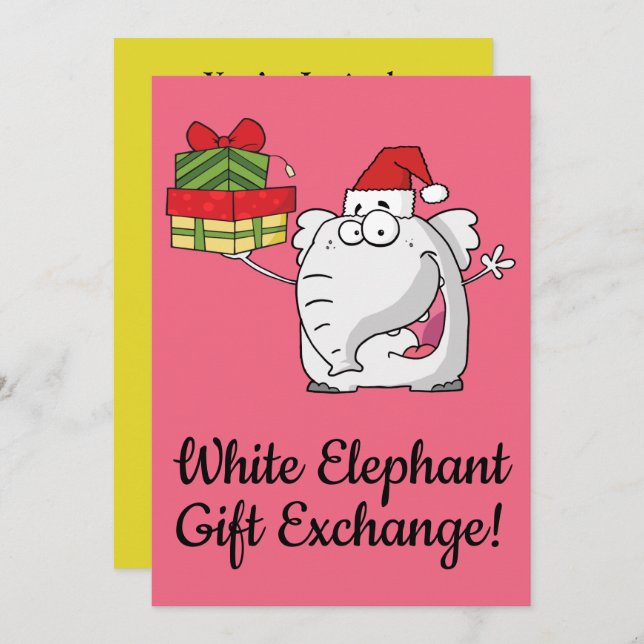 White Elephant Santa Hat Gifts Cartoon Invitation (Front/Back)
