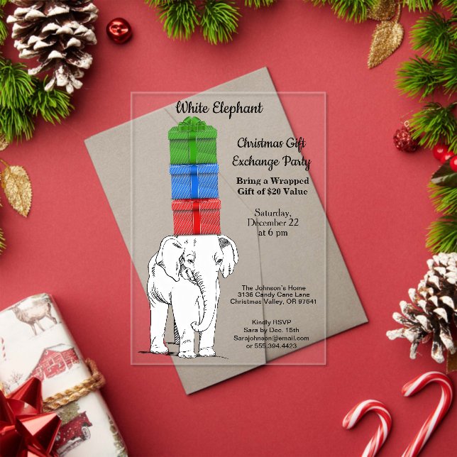 White Elephant Stacked Gift Exchange Party Acrylic Invitations (Insitu (Holiday))