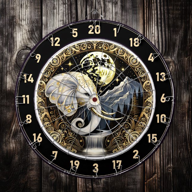 White Elephant Stands Beneath Golden Moon Dartboard (Creator Uploaded)