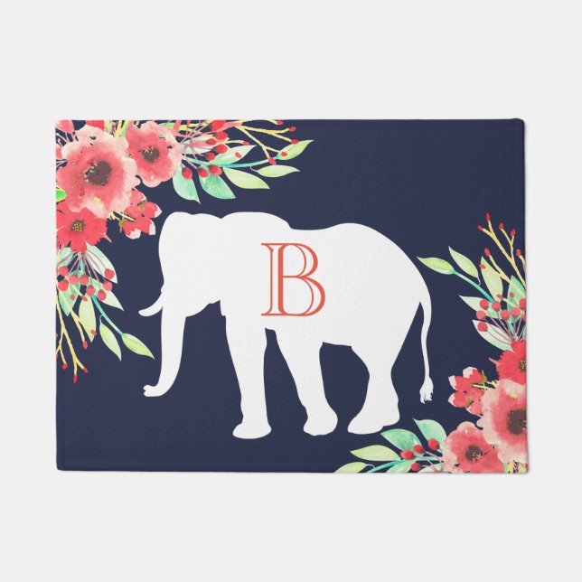 White Elephant Watercolor Flowers | Personalised Doormat (Front)