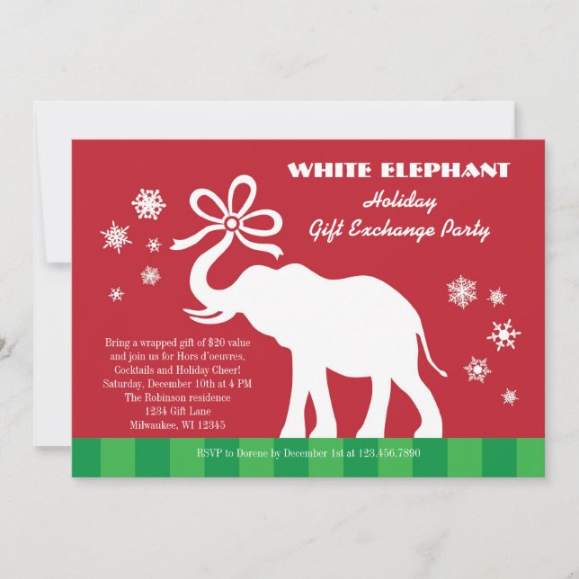 White Elephant with Bow Gift Exchange Party Invitation (Front)