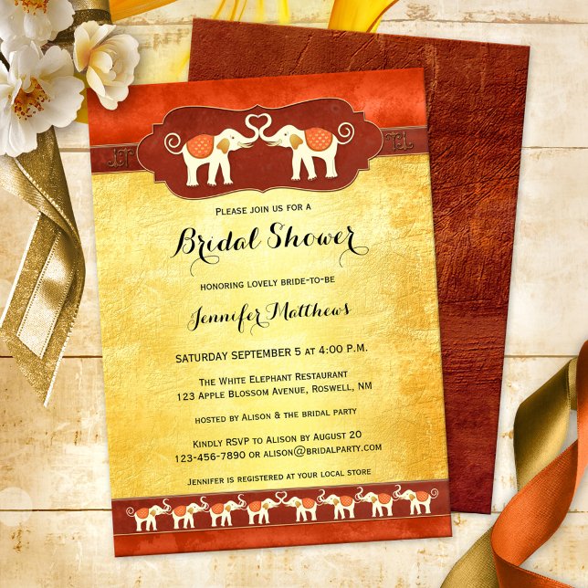 White Elephants Indian Bridal Shower Invitation (Elegant Indian bridal shower invitation featuring two ivory colored elephants in love, with tribe)