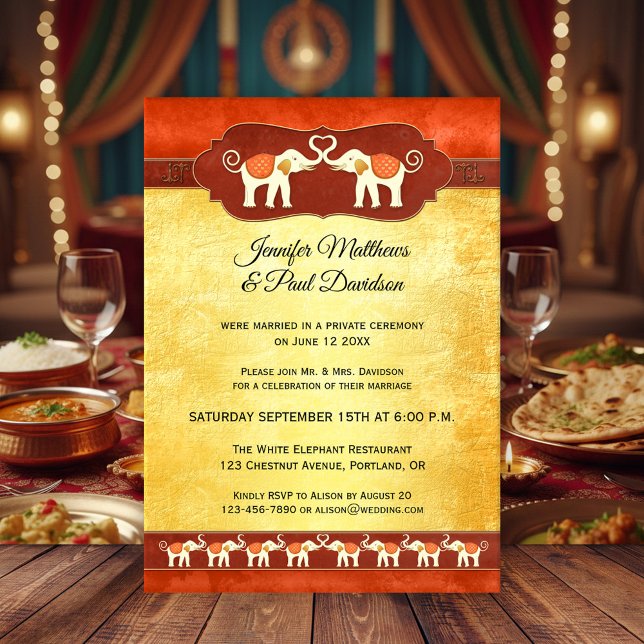 White Elephants Indian Post Wedding Invitation (After wedding invitation featuring two ivory Indian elephants with their tribes)