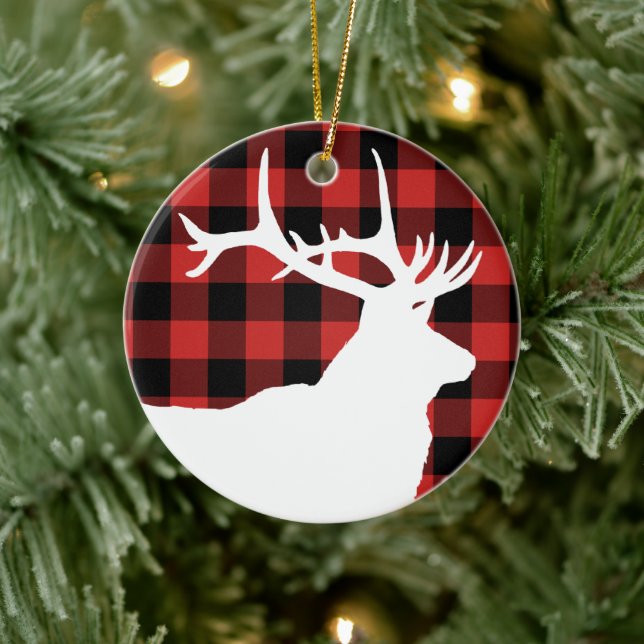 White Elk Red Black Lumberjack Plaid Ceramic Ornament (Tree)