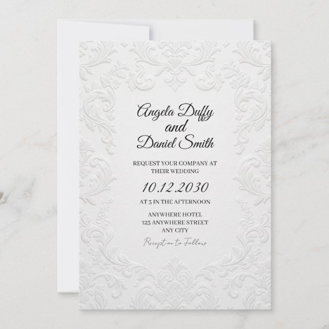 White Embossed Floral Wedding Invitation (Front)