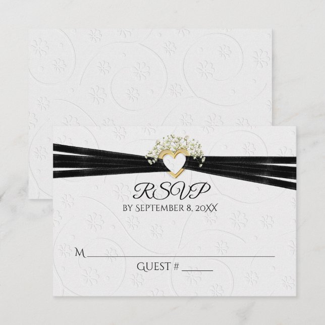  White Embossed Floral with Heart RSVP Card (Front/Back)