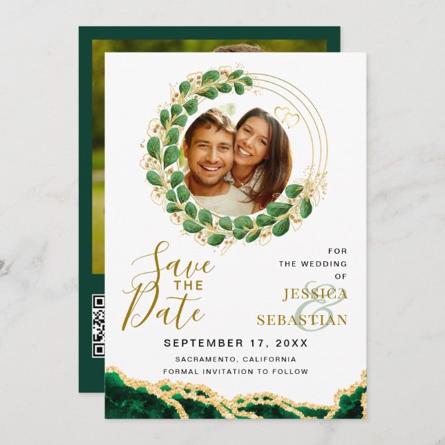 White Emerald Green & Gold Add QR Code Photo Save The Date (Front/Back)