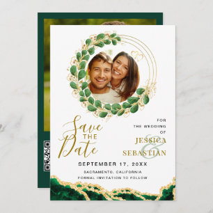 White Emerald Green & Gold Add QR Code Photo Save The Date