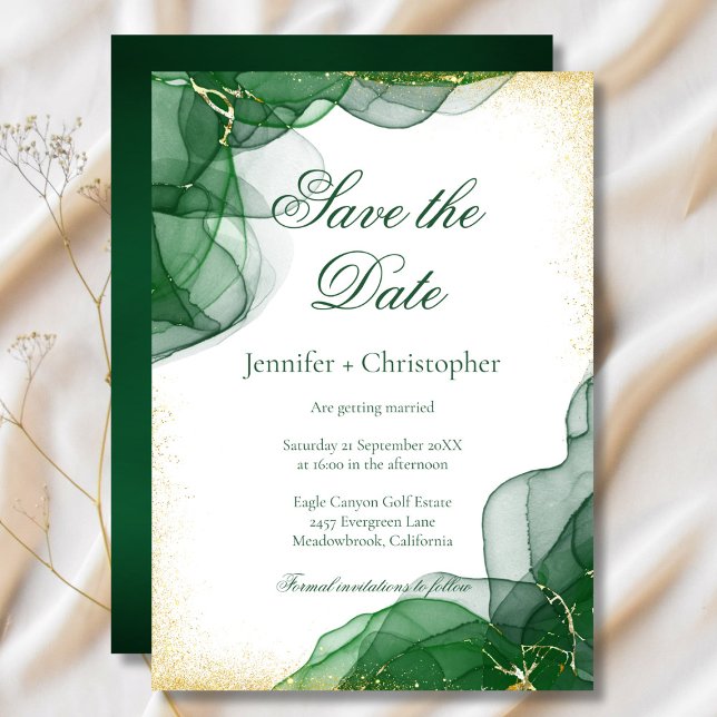 White Emerald Green Gold Marble Save The Date Card (White Emerald Green Gold Marble Save The Date Card)