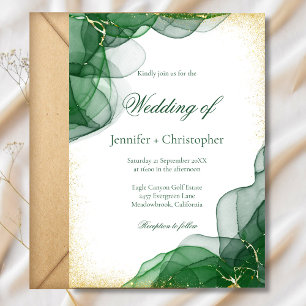 White Emerald Green Gold Marble Wedding Invitation
