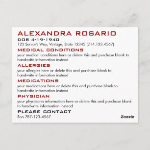 White Emergency Medical Alert Postcard