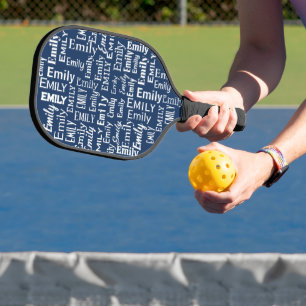 White EMILY Name On Blue Pickleball Paddle