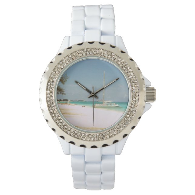 White Enamel Watch with Beach Design (Front)