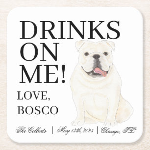 White English Bulldog Dog Wedding Square Paper Coaster