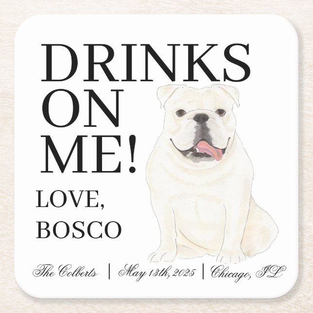 White English Bulldog Dog Wedding Square Paper Coaster (Front)