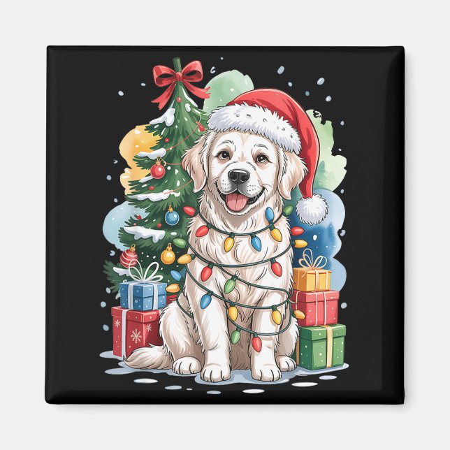 White English Golden Retriever Santa Hat Christmas Magnet (Front)