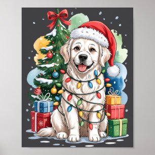 White English Golden Retriever Santa Hat Christmas Poster