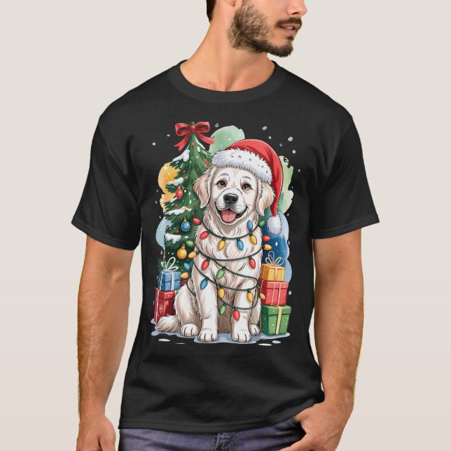 White English Golden Retriever Santa Hat Christmas T-Shirt (Front)