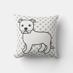 White English Staffie Cute Cartoon Dog & Paws Cushion