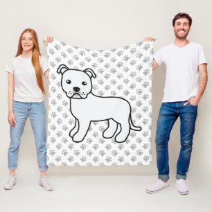 White English Staffie Cute Cartoon Dog & Paws Fleece Blanket