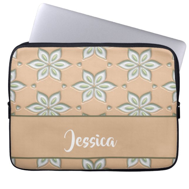 White engraved flowers on tan laptop sleeve (Front)