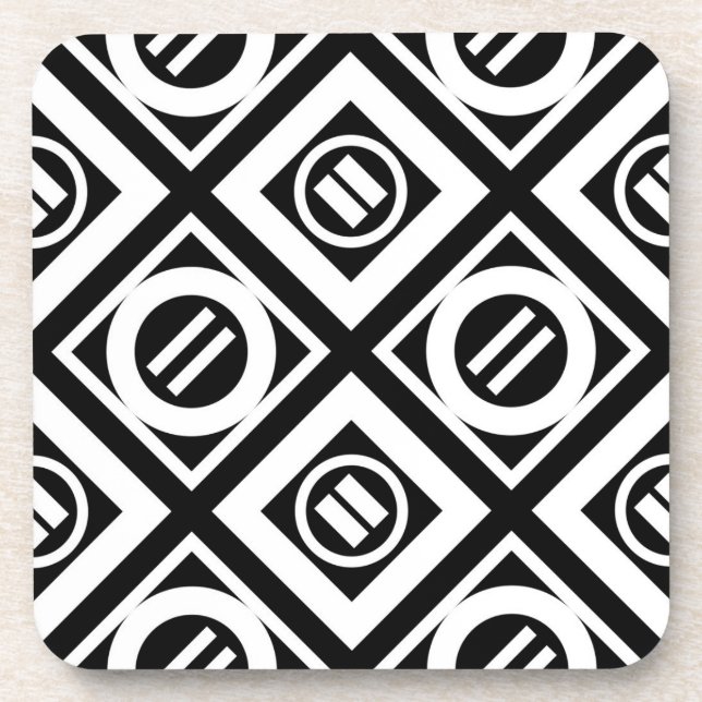 White Equal Sign Geometric Pattern on Black Coaster (Front)