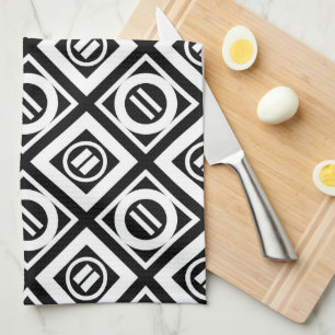 White Equal Sign Geometric Pattern on Black Tea Towel