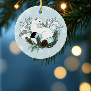 White Ermine Blue Christmas Snowflakes Ceramic Ornament