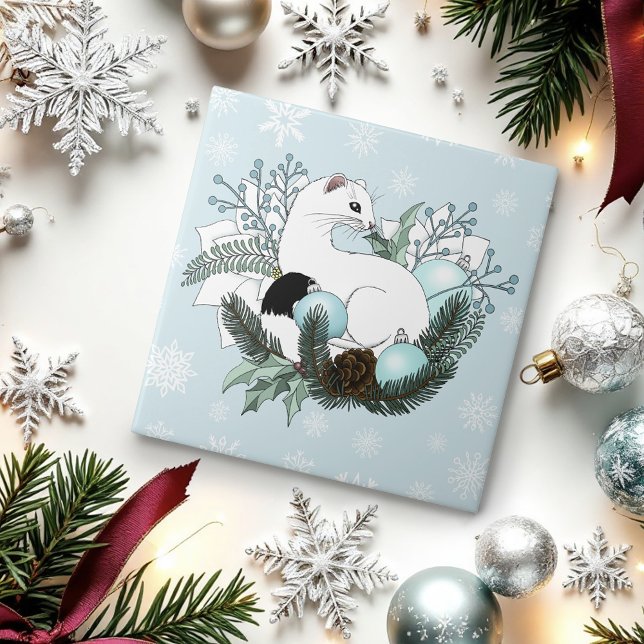 White Ermine Blue Christmas Snowflakes  Ceramic Tile (Creator Uploaded)